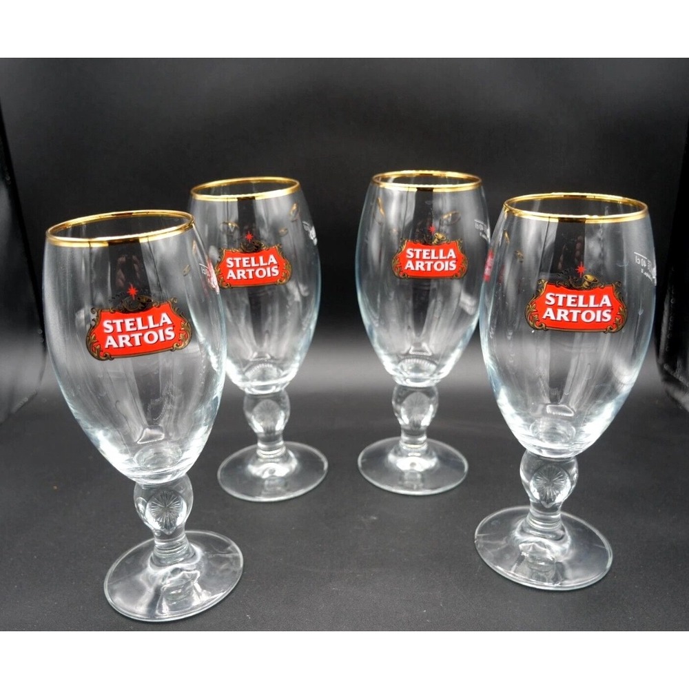 Set of 4 Stella Artois Beer Glasses Gold Rimmed Stemware Chalice